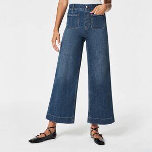 Spanx Cropped Wide Leg Jeans Women's 3X Patch Pockets Blue Denim Stretch